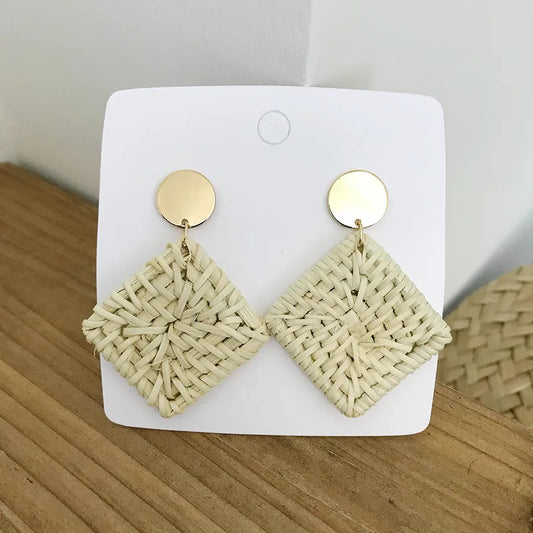 1 pair fashion triangle round moon wood straw copper inlaid acrylic women's earrings