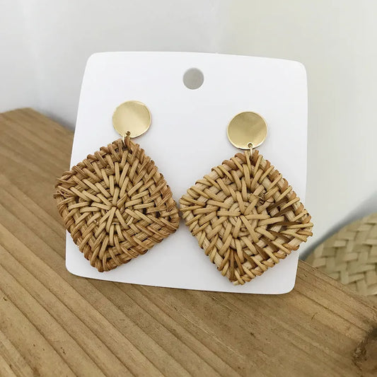1 pair fashion triangle round moon wood straw copper inlaid acrylic women's earrings