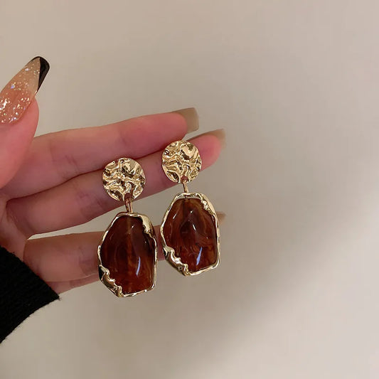 casual retro irregular alloy inlay resin women's drop earrings