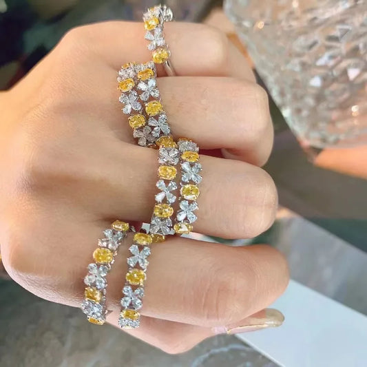 Luxury Yellow Crystal Stone Ring: Silver Color Thin Wedding Band for Women