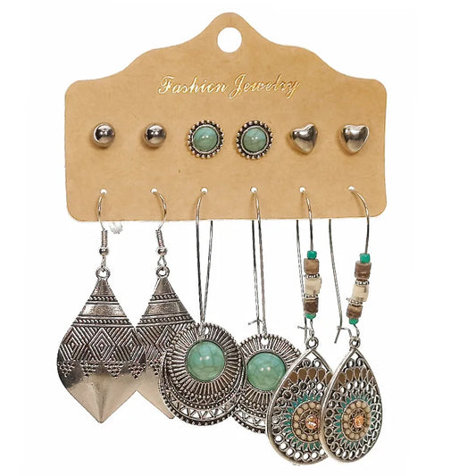 6-Pair Ethnic Oxidized Earrings Set – Multicolor Studs and Danglers