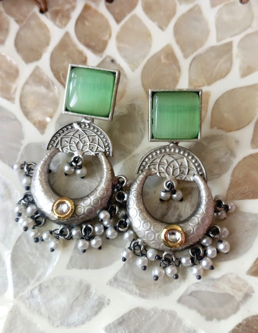 Mirage - Vintage Oxidized Crescent Hoop Earrings with Stone Studs & Pearl Drops