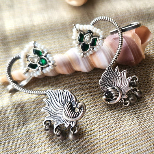 Mirage Oxidize Silver with Green Kandan and pearl work Unique stylish Ear Cuff Earrings