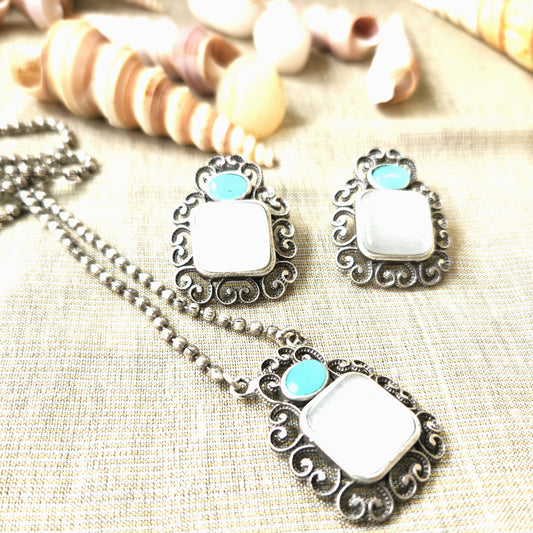 Mirage - Beautiful Square White and mint green pendent with long chain and earrings. stylish oxidize set .