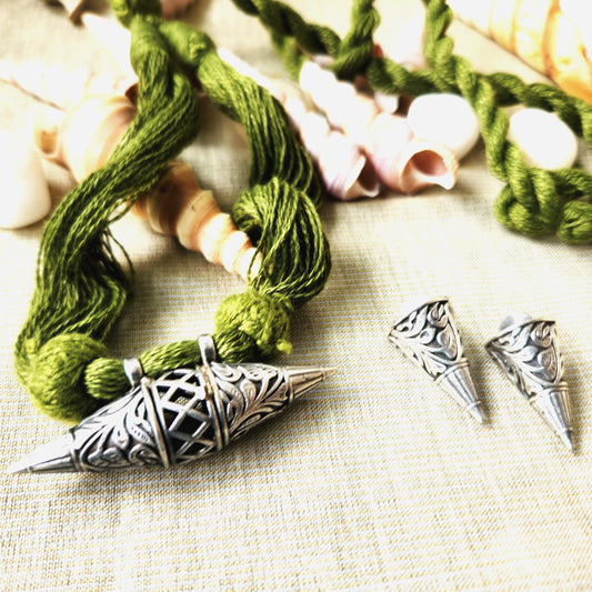 Mirage - Simple Silver look with thread work Simple stylish oxidize pendent earing set