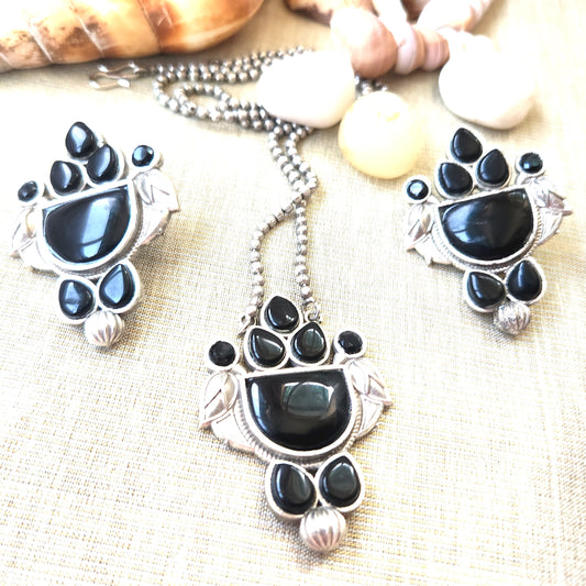 Mirage - Beautiful Silver and Black Pendent with long chain and earrings stylish oxidize set .