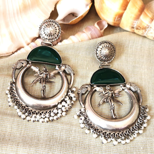 Mirage - Vintage Tribal Dancer Crescent Earrings with Green Stone