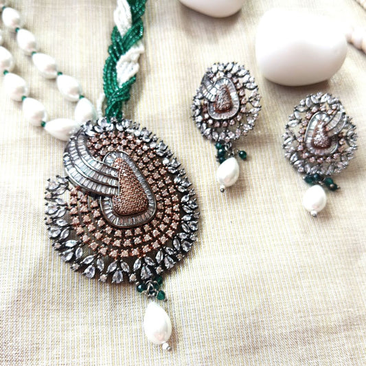 Elegant Green Metal Long Necklace & Earrings Set