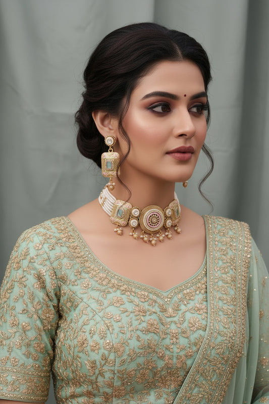 A gold-colored Rajwadi necklace set with Kundan stones and enamel detailing .