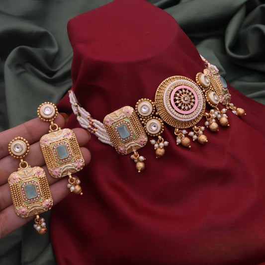 Traditional Kundan Choker Necklace Set for Women | Ethnic Pearl & Meenakari Jewelry | Mirage Fashion