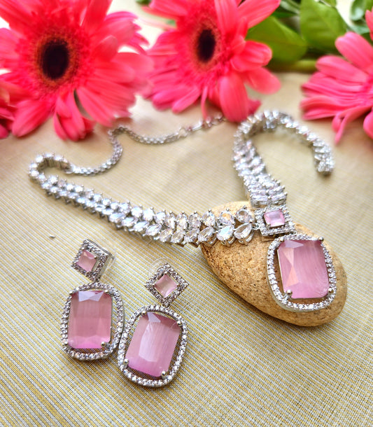 Mirage - American Diamond Necklace Jewelry Set with Earrings in Pink Monzonite Stone