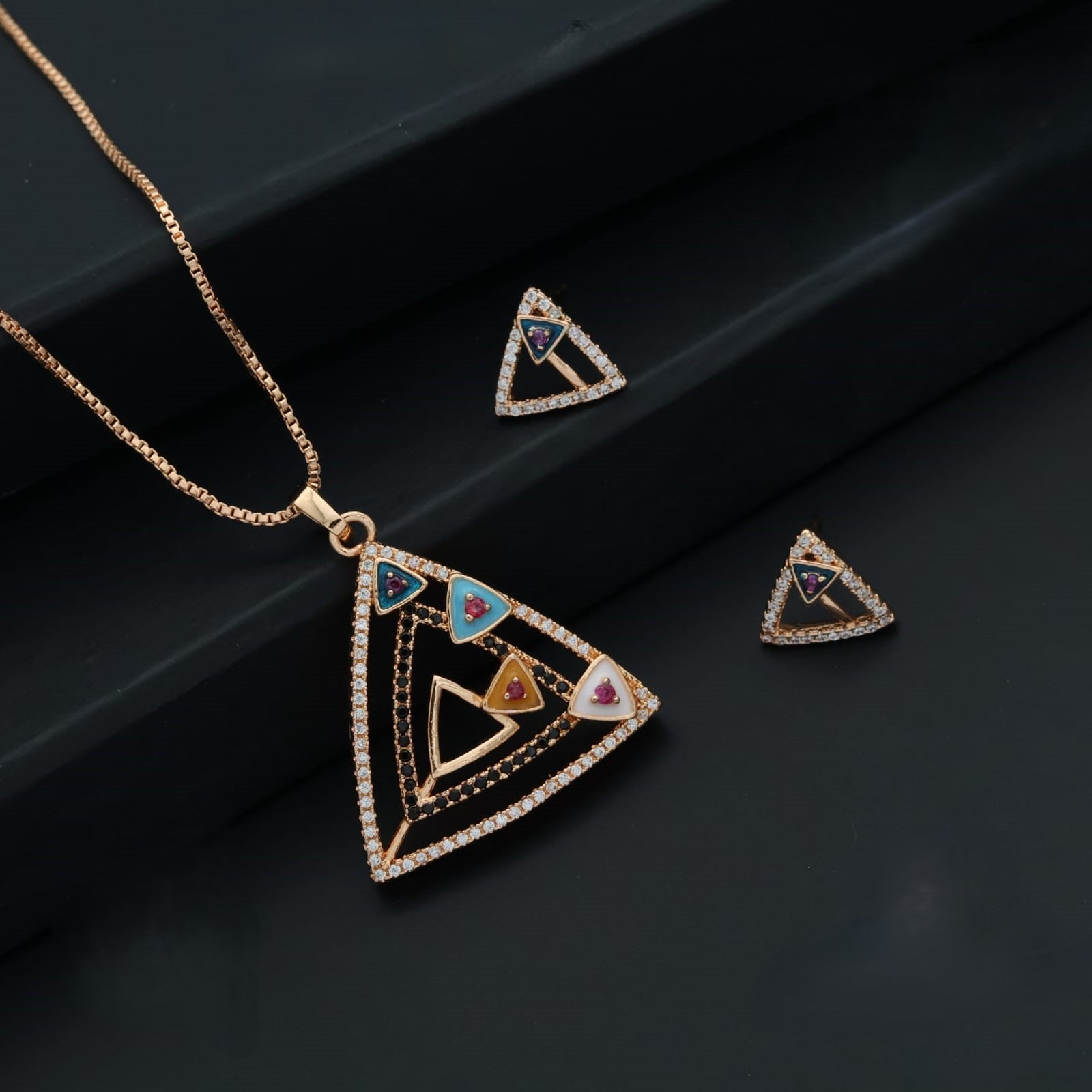 Mirage Contemporary Geometric Triangle Pendant Set with Multicolored