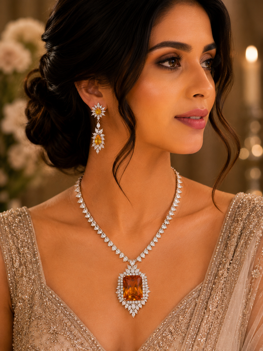 Amber Crystal Pendant Necklace Set with American Diamonds | Luxury Party Wear Jewelry for Women
