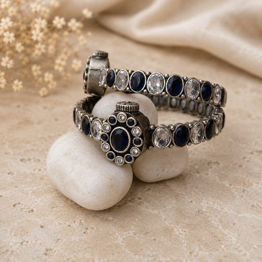 Blue Stone Oxidized Adjustable Kada Bracelet for Women with Crystal Detailing | The Mirage Fashion