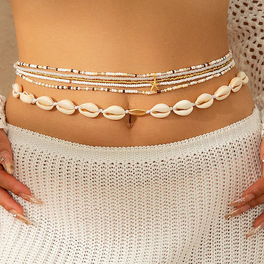 Women’s Layered Beach Waist Chain – Shell, Sea Star, and Rice Bead Details