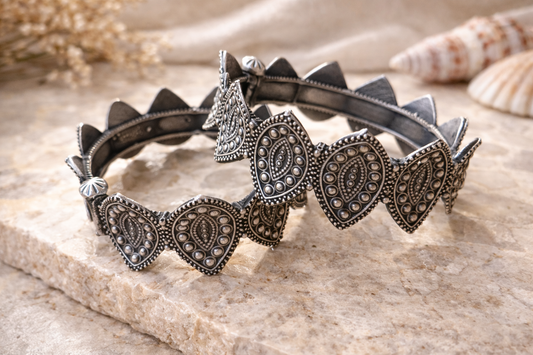 Antique Oxidized Tribal Pattern Bangles – Leaf & Eye Motif Design