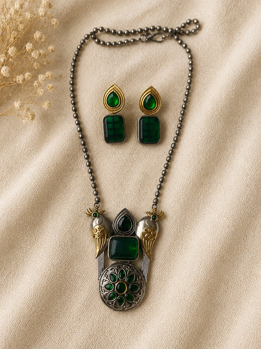 Dual Tone Green Stone Bird Pendant Set with Earrings for Women The Mirage Fashion