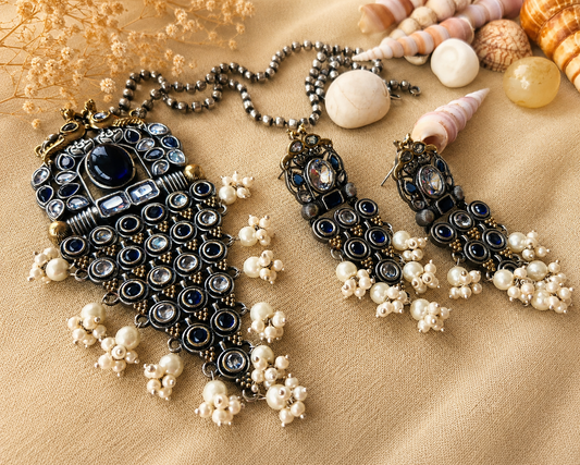 Dual Tone Blue Stone Statement Pendant Necklace Set with Matching Pearl Drop Earrings for Women | The Mirage Fashion