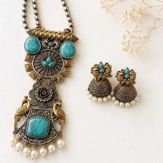 Dual Tone Turquoise Stone Pendant Necklace Set with Matching Jhumka Earrings for Women | The Mirage Fashion