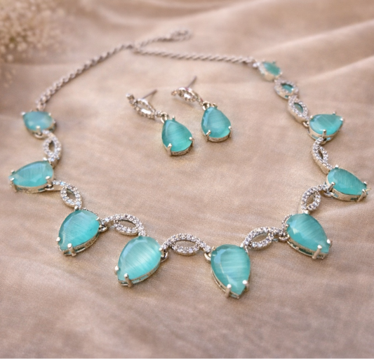 Elegant Aqua Green Teardrop Necklace Set for Women Minimal American Diamond Party Wear Jewelry – The Mirage Fashion