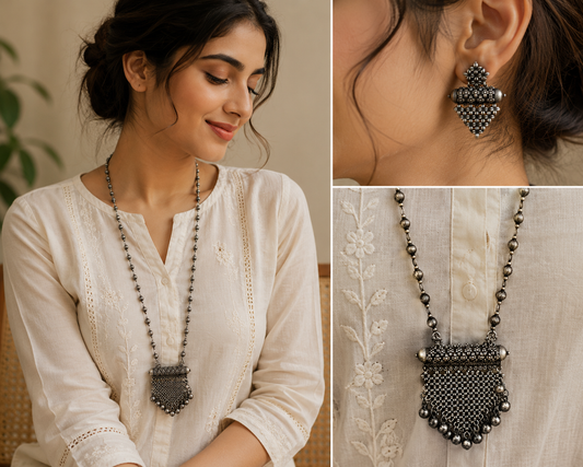 Handcrafted Oxidized Silver Necklace Set with Matching Earrings – Traditional Tribal Statement Jewelry for Women | The Mirage Fashion