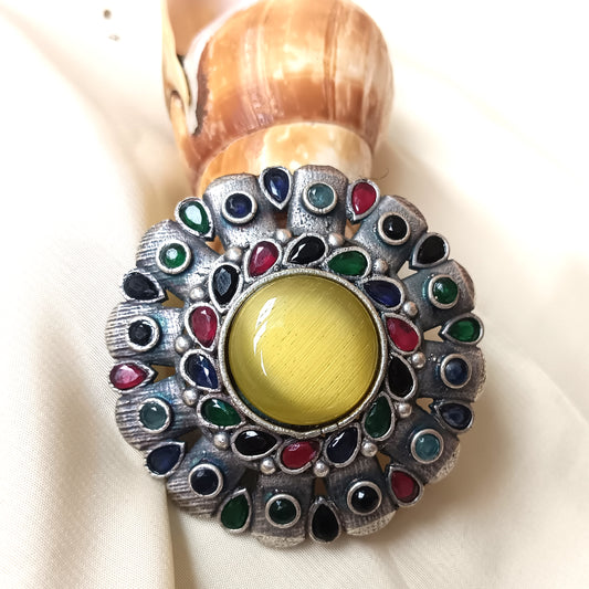 Mirage - Beautiful Big Oxidized Ring With Round Big Yellow Monalisa Stone with colorful stone around.