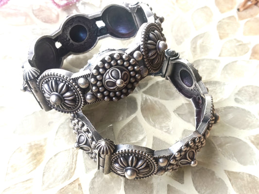 Antique Oxidized Floral Motif Bangles – Traditional Tribal Jewelry (Single Pic)