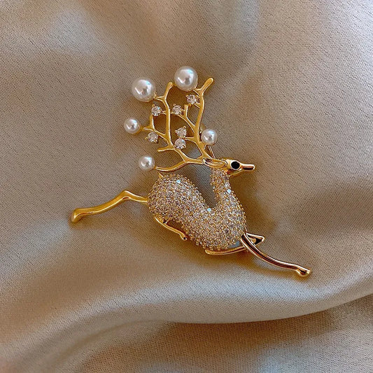 Mirage - Luxury Gold Reindeer Brooch with Crystal Pave & Pearl Antlers – Elegant Winter Holiday Pin