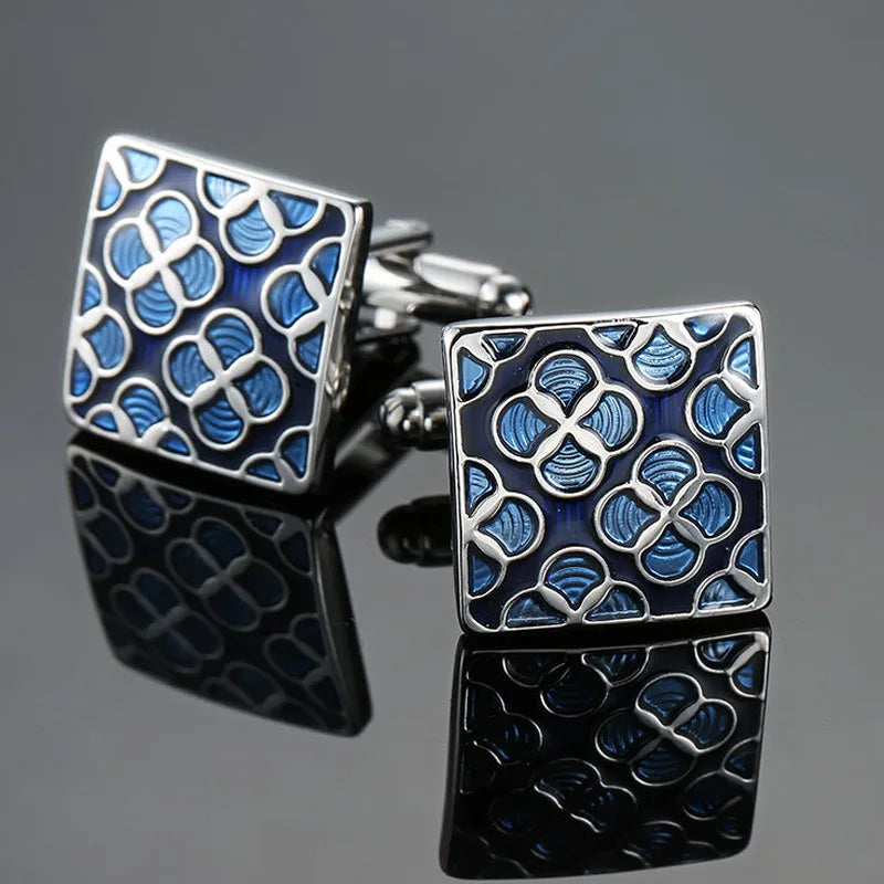 French Cufflinks for Men Blue Enamel Crystal Retro Pattern
