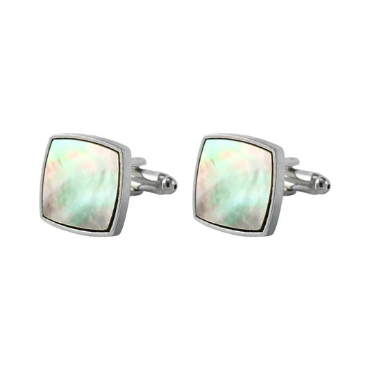 Elegant Square Mother of Pearl Cufflinks for Men – Silver Tone Formal Shirt Accessories