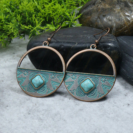 Mirage Hip-Hop Retro Round Solid Color Inlay Alloy Turquoise Drop Earrings
