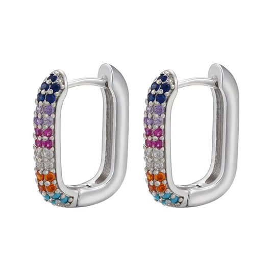 MIRAGE - Geometric CZ Pave Huggie Earrings – Gold & Silver Rectangular Hoops