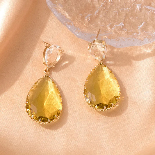 Yellow Crystal Teardrop Drop Earrings for Women | Gold Statement Earrings | The Mirage Fashion