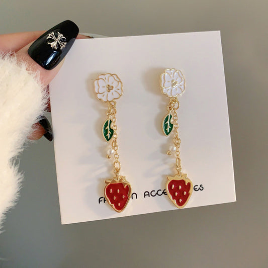Mirage Sweet Leaves Flower Strawberry Enamel Plating Drop Earrings