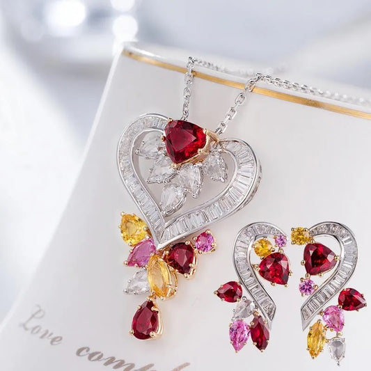 Mirage - Fashionable Luxuries' Full Diamond Ruby Pendant in T Square Diamond with Earrings