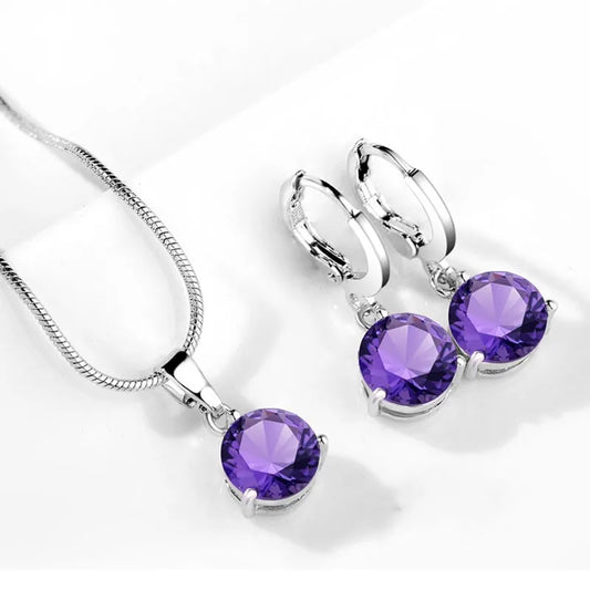 Elegant Gemstone Jewelry Set – Silver Plated Pendant & Hoop Earrings