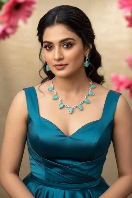 Elegant Sky Blue American Diamond Necklace Set for Women | Designer Party Wear Jewelry – The Mirage Fashion
