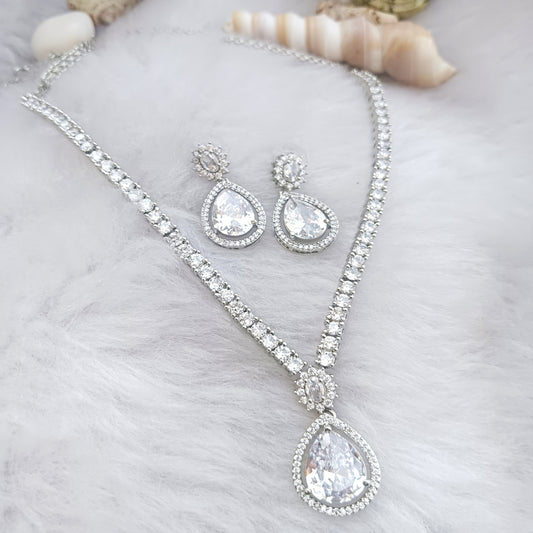 Elegant Silver-Plated Designer Stone Necklace & Earring Set