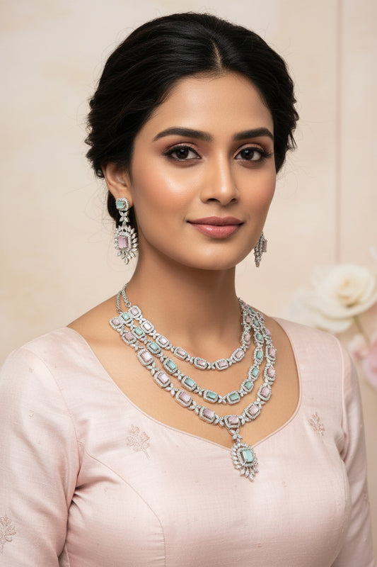 Pastel Crystal Layered Necklace Set for Women | Luxury American Diamond Jewelry | The Mirage Fashion