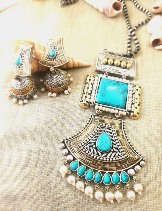 Mirage - Ethnic Silver-Gold Dual tone Necklace Set with Turquoise Stones and Pearls | Boho Tribal Jewelry