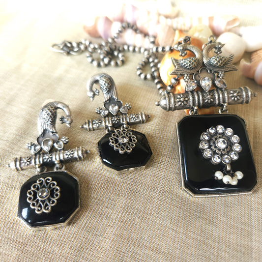 Mirage - Ethnic Silver Necklace Set with Black stone Pendent and stylish long earrings