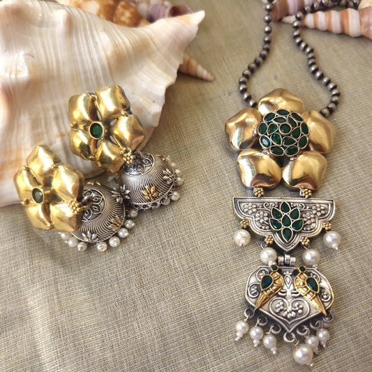 Mirage - Handcrafted Gold & Silver Dual tone Floral Necklace with green diamonds with Pearl Drop Jhumka Earrings - Traditional Ethnic Jewelry Set