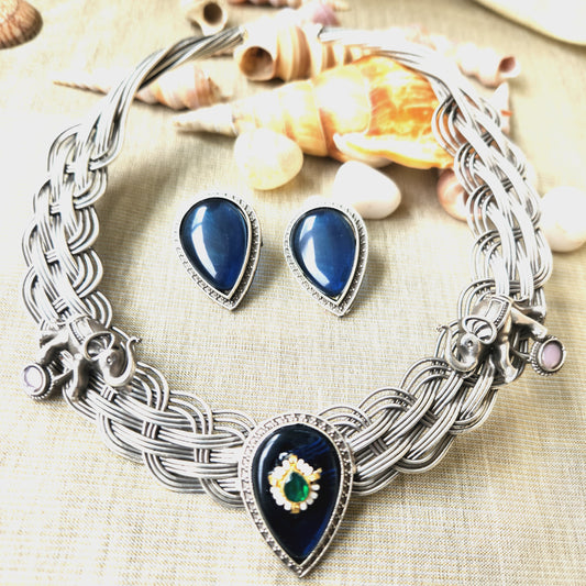 Mirage Stylish Silver Hasli with Blue unique design broad necklace with matching earrings