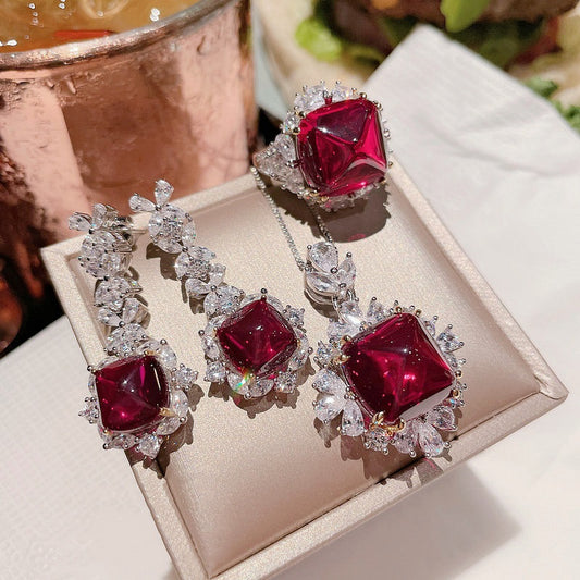 Ruby Red Crystal Necklace & Earrings Set – Luxury Bridal Jewelry by The Mirage Fashion