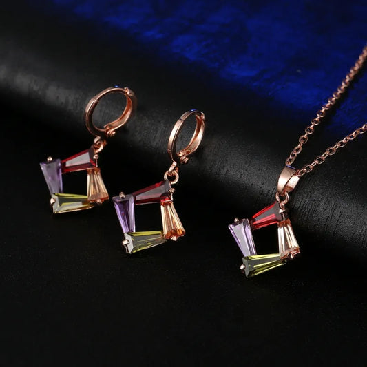 Elegant Multicolor Geometric Jewelry Set – Rose Gold Plated Earrings & Pendant