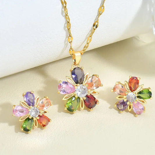 Simple and Beautiful Multicolor floral Jewelry Set – Rose Gold Plated Earrings & Pendant