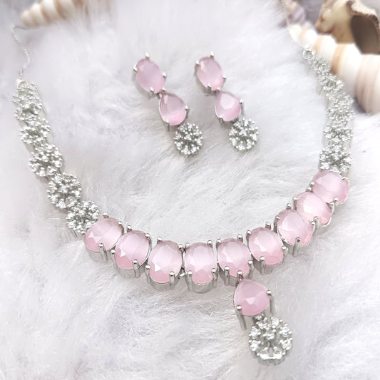 Elegant Pink American Diamond Necklace with Long Earrings