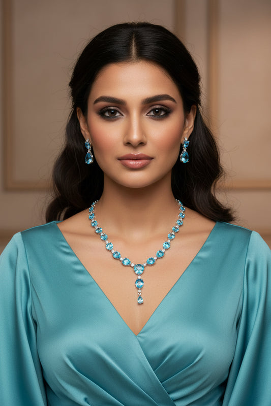 Elegant Sky Blue American Diamond Necklace Set for Women | Designer Party Wear Jewelry – The Mirage Fashion