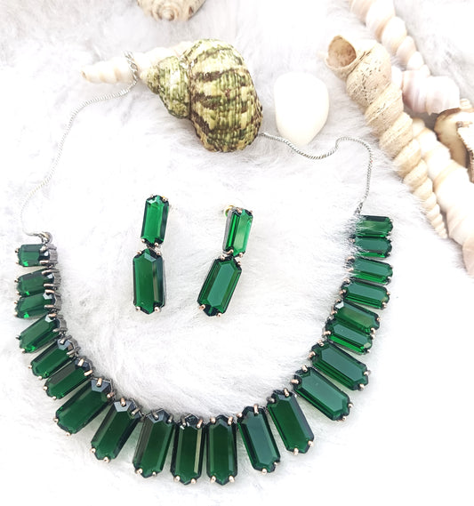 Stunning Emerald Cut Crystal Rhinestone Statement Necklace & Earrings Set