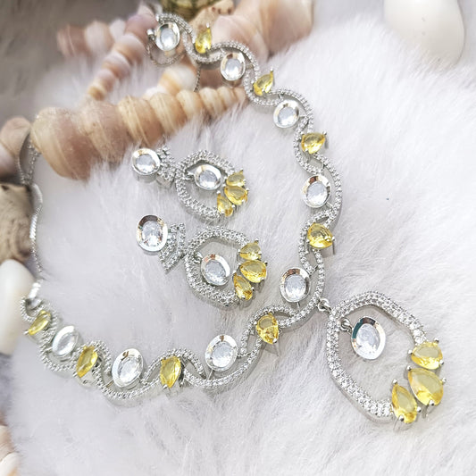 Silver Rhodium Plated Necklace Set with Golden Stones